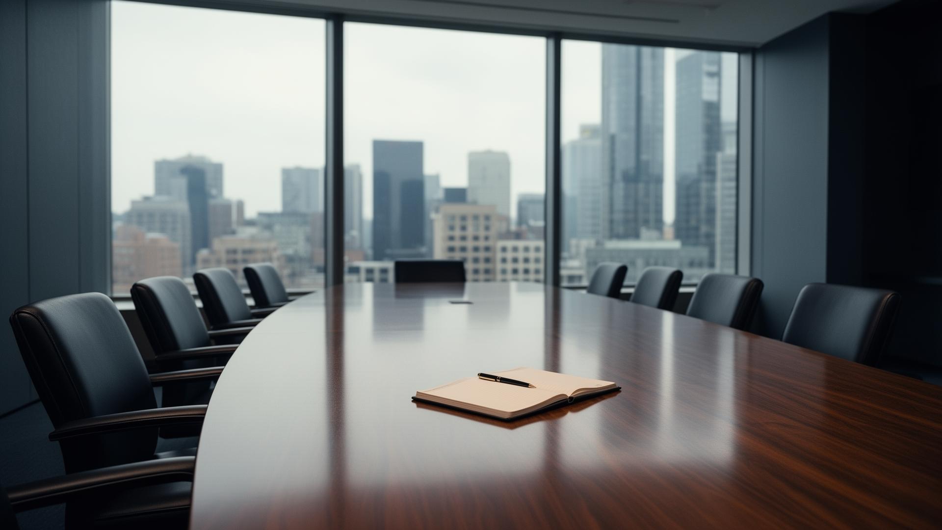 Empty executive boardroom with city skyline — insurance PR and crisis communications
